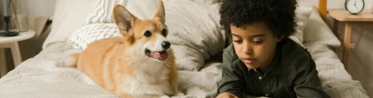 corgi and boy sitting on bed hero | America's Carpet Barn